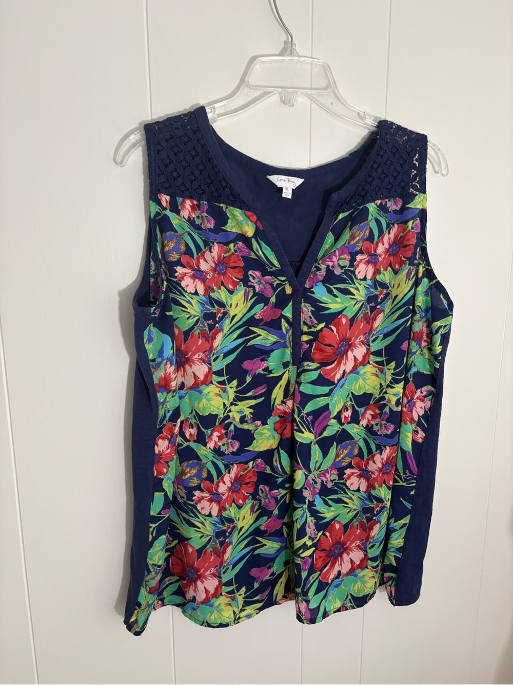 Coral Bay Navy Floral Crochet-Shoulder Sleeveless Tank